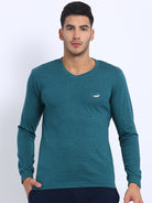 Men's Solid V Neck Full Sleeve Cotton T-Shirt - GREEN MELANGE