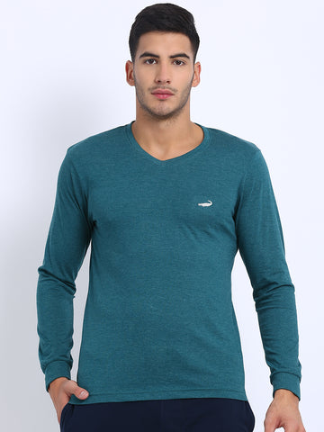 Men'S Solid V Neck Full Sleeve Cotton T-Shirt - Green Melange