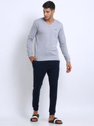 Men's Solid V Neck Full Sleeve Cotton T-Shirt - GREY MELANGE