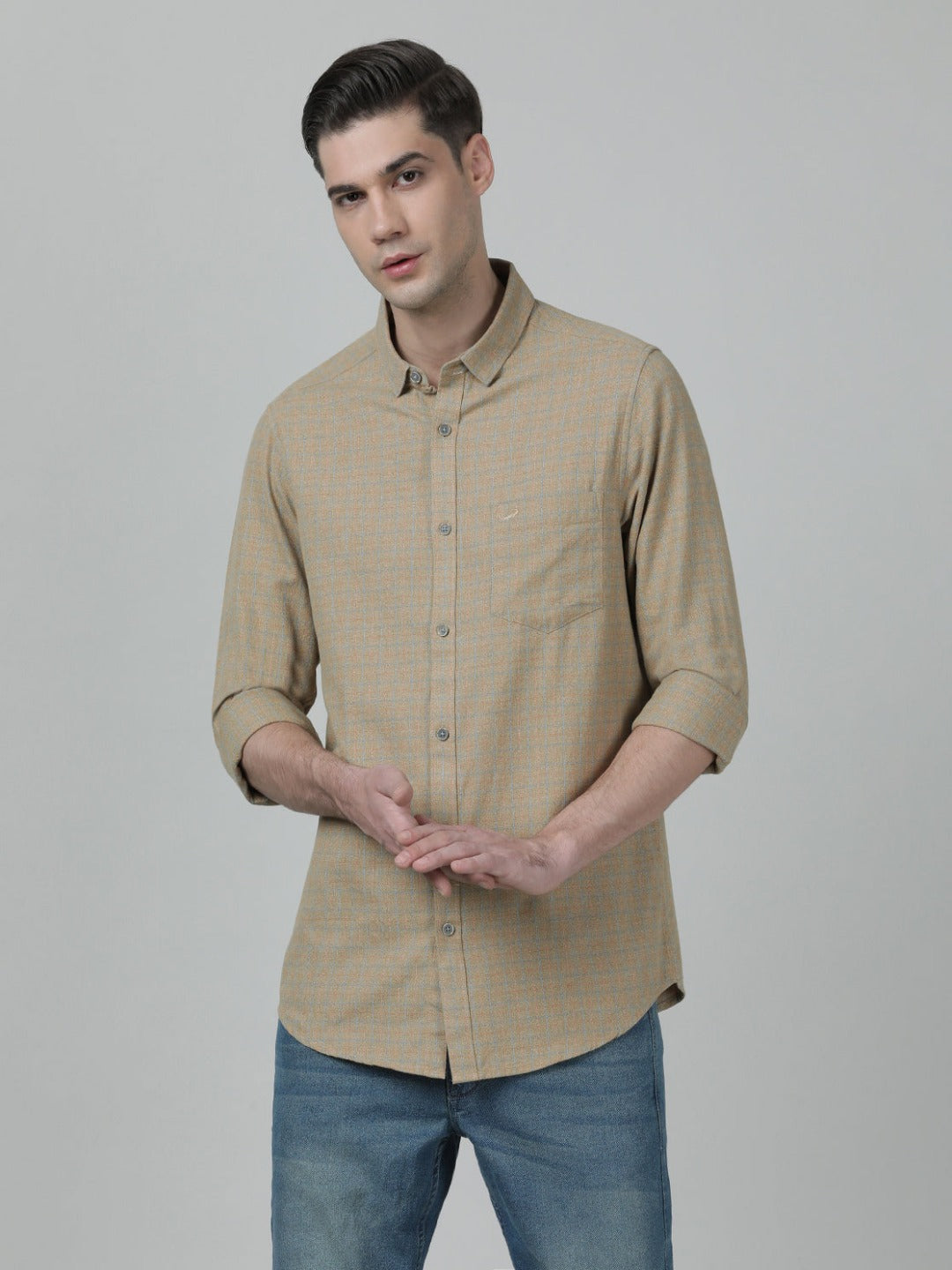 Casual Checks Comfort Fit Full Sleeve Khaki Shirt with Collar