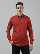 Casual Red Full Sleeve Slim Fit Stripe Shirt with Collar for Men