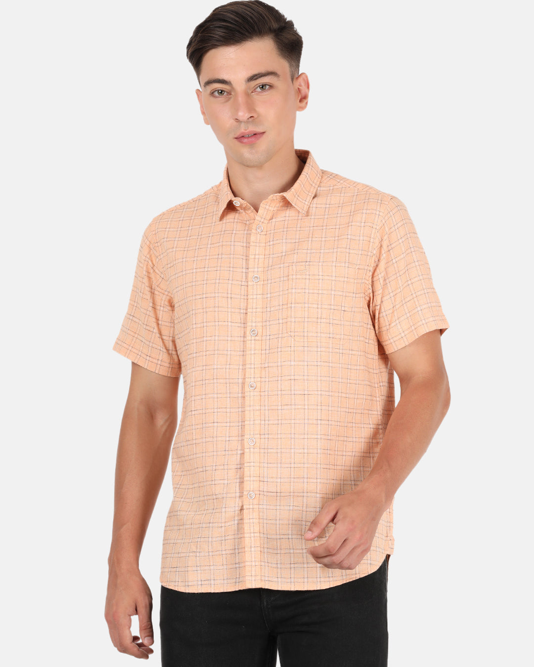 Crocodile Casual Full Sleeve Comfort Fit Checks Light Orange with Collar Shirt for Men