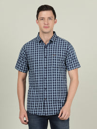 Indigo Navy Checked Half Sleeve 100% Cotton Casual Shirt