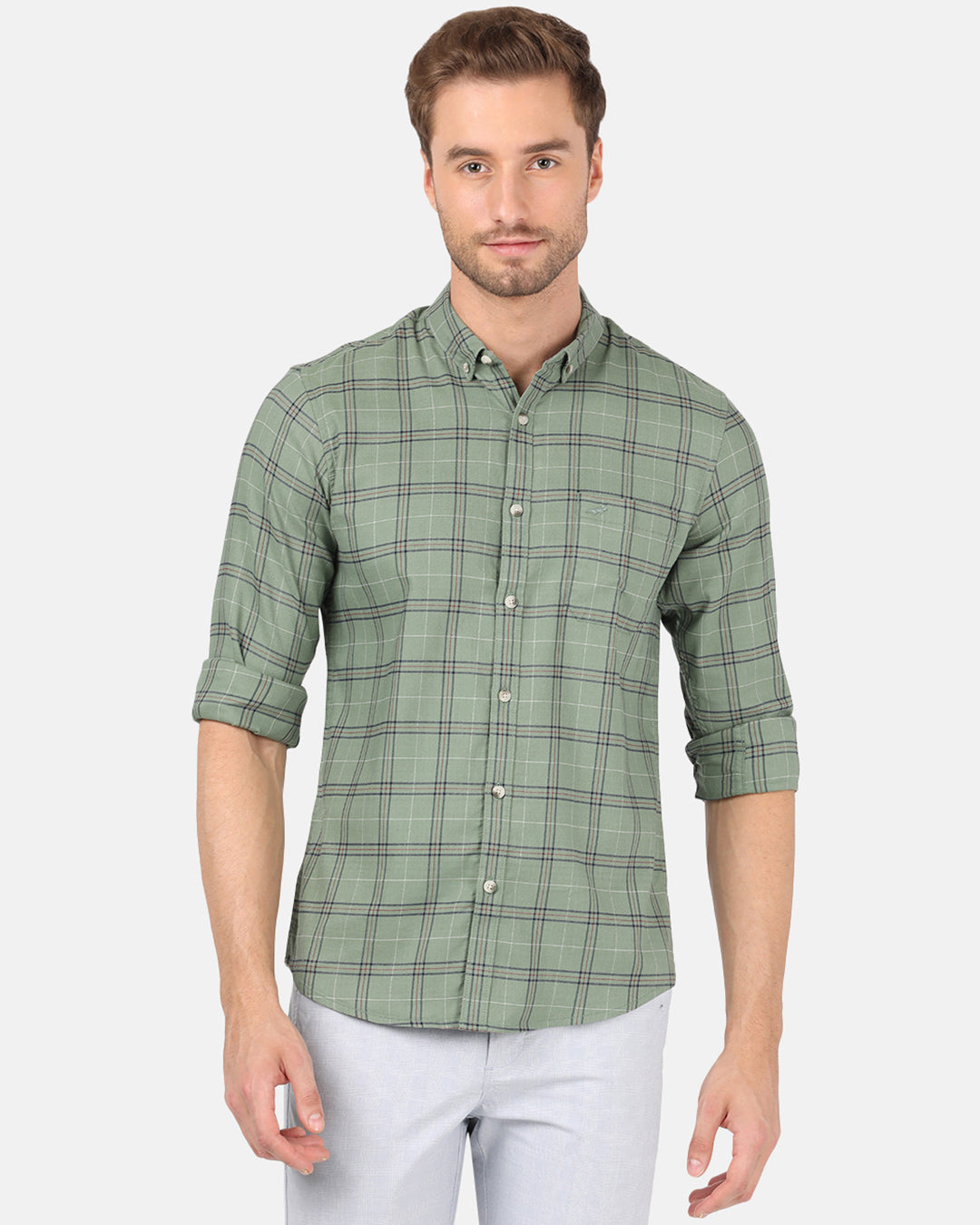 Crocodile Casual Full Sleeve Slim Fit Checks Green with Collar Shirt for Men
