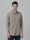Man wearing a brown light brown striped full sleeve 100% cotton shirt on a light gray background
