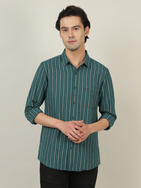Green Striped Full Sleeve Casual 100% Cotton Shirt