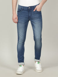 Dark Blue Solid Mid Rise Casual Slim Tapered Jean