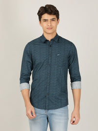 Teal Blue Printed Full Sleeve 100% Cotton Casual Shirt