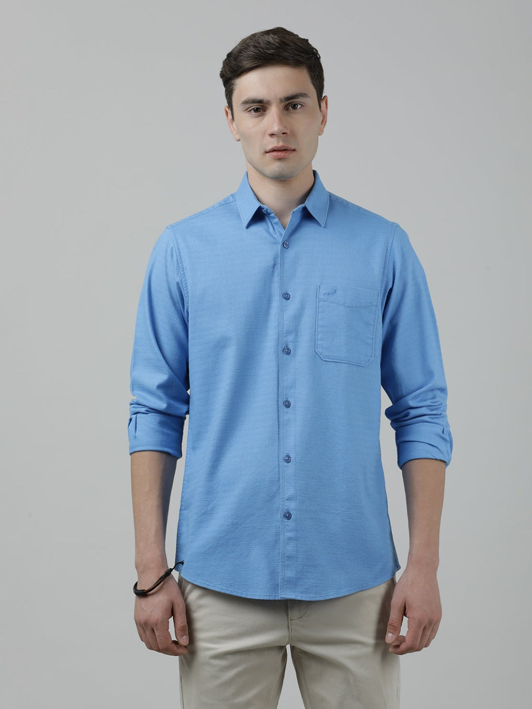 Casual Light Blue Full Sleeve Comfort Fit Solid Shirt with Collar for Men