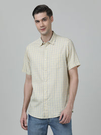 Light Yellow Checked Half Sleeve 100% Cotton Shirt