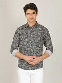 Navy Printed Full Sleeve 100% Cotton Casual Shirt