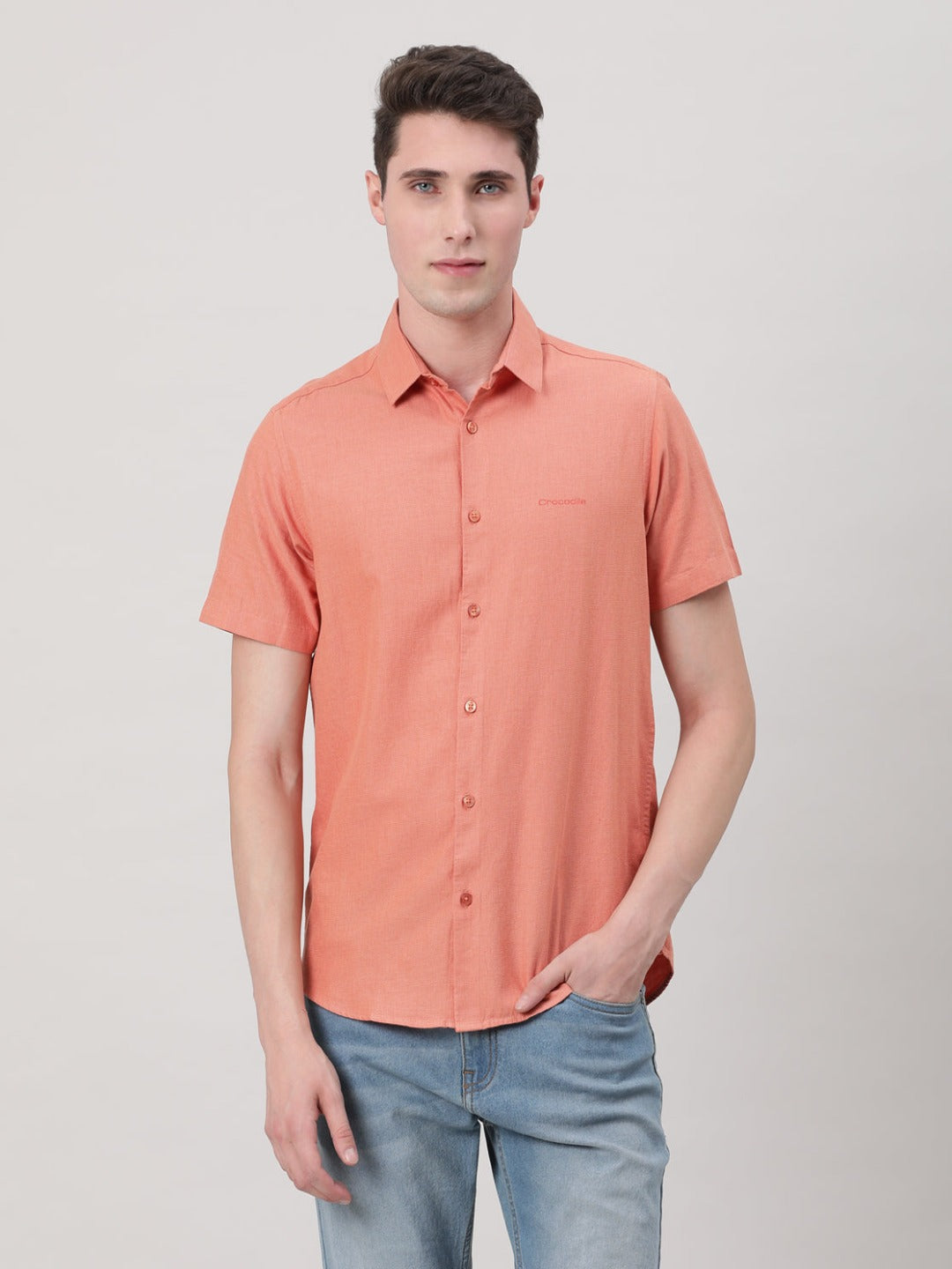 Casual Peach Half Sleeve Comfort Fit Solid Shirt with Collar for Men