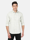 Man wearing a green light green checked full sleeve 100% cotton casual shirt with casual styling on a gray background