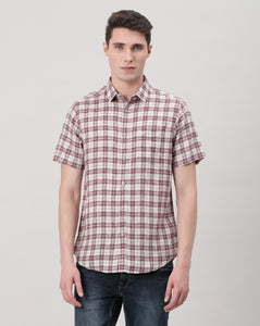 Casual Maroon Half Sleeve Comfort Fit Check Shirt with Collar for Men