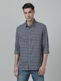 Navy Checked Full Sleeve Linen Casual Shirt