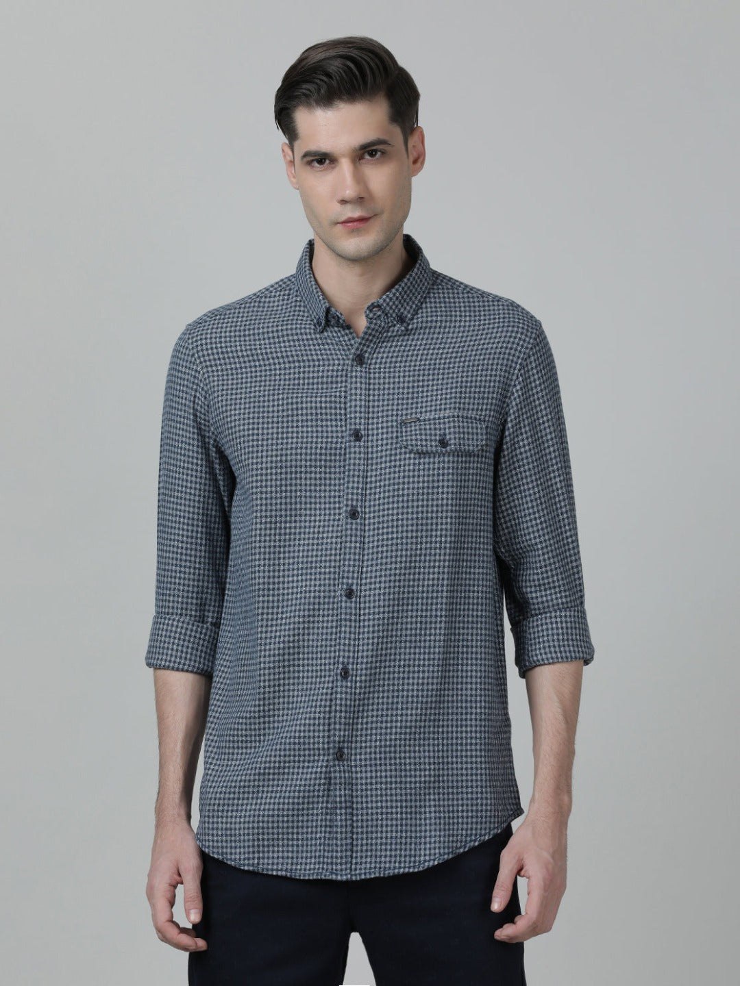 Casual Checks Comfort Fit Navy Full Sleeve Shirt with Collar