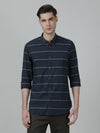 Man wearing a navy navy striped full sleeve casual 100% cotton shirt on a light gray background