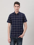 Casual Navy Half Sleeve Comfort Fit Checks Shirt with Collar for Men