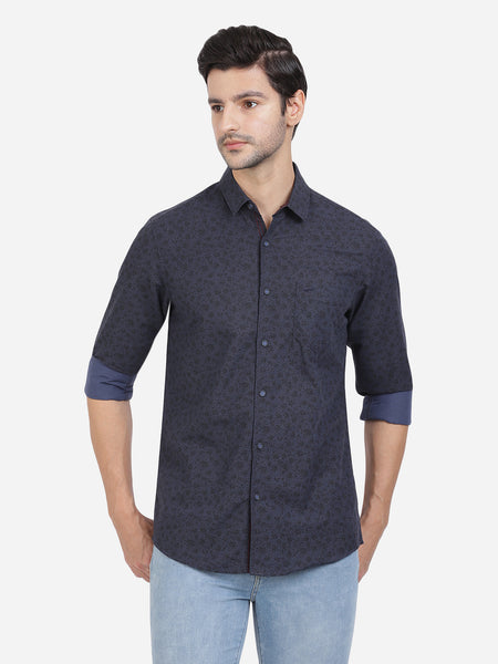 Casual Full Sleeve Slim Fit Printed Shirt Dark Blue for Men
