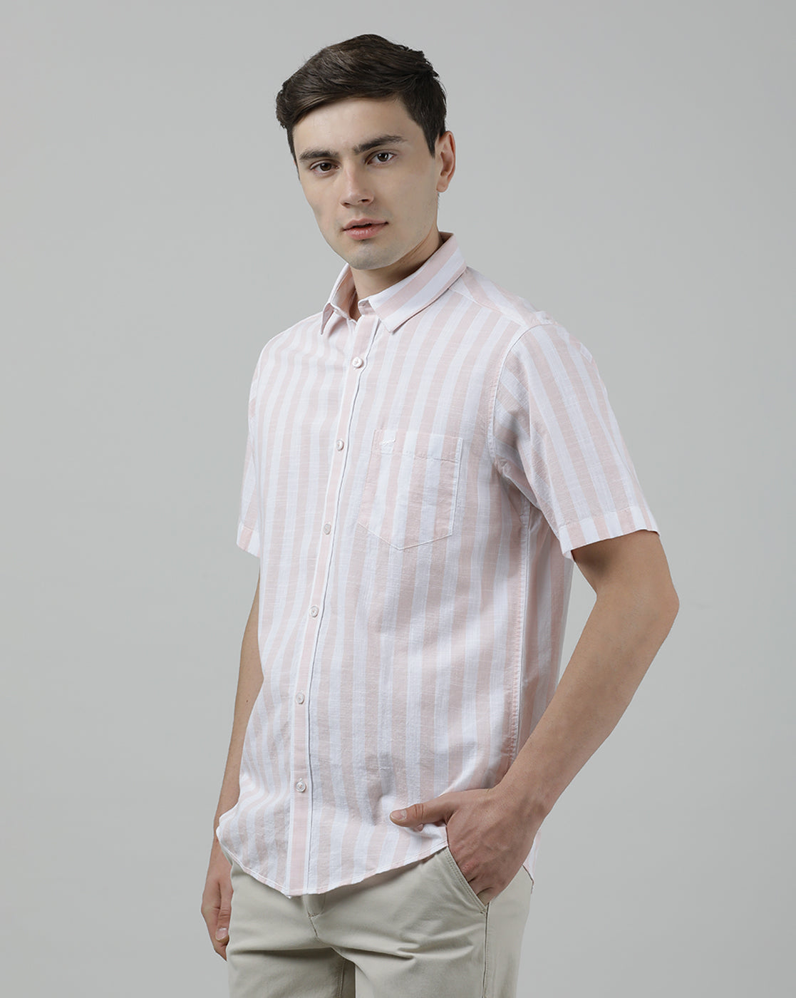 Casual Half Sleeve Comfort Fit Stripe Shirt Pink for Men