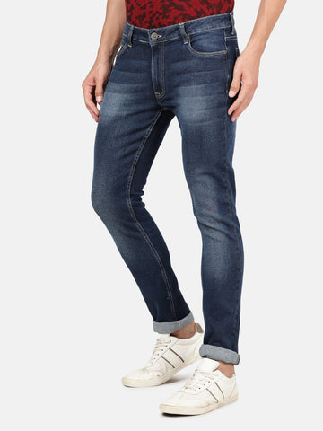 Casual Denim Jeans Slim Tapered Solid Pant Mid Blue