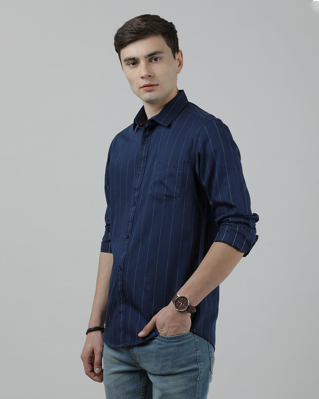 Crocodile Casual Navy Full Sleeve Slim Fit Stripe Shirt with Collar for Men