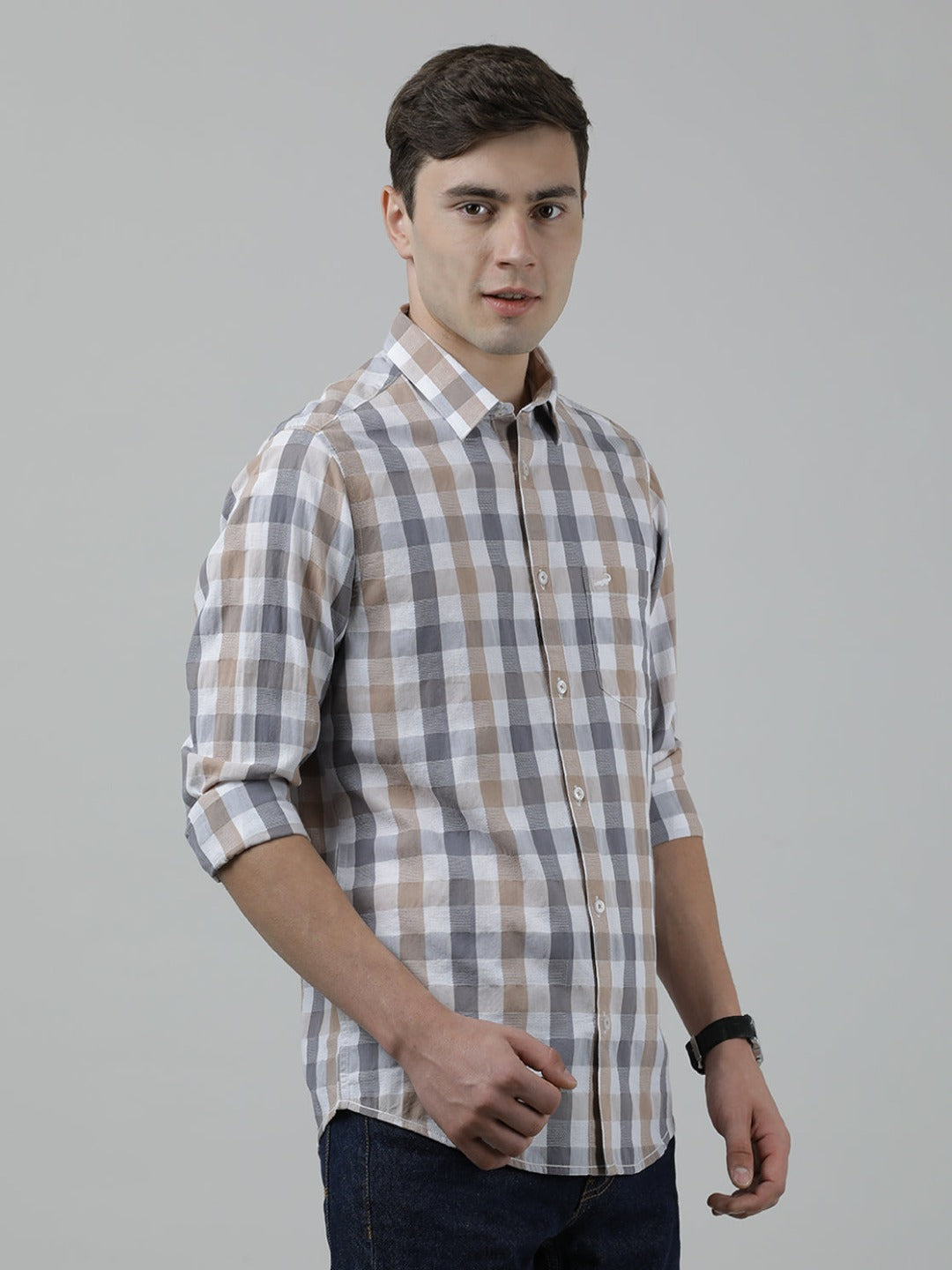 Casual Full Sleeve Comfort Fit Checks Shirt Brown for Men