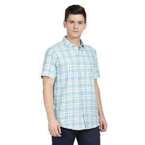 Casual Half Sleeve Comfort Fit Checks Shirt Aqua Blue for Men