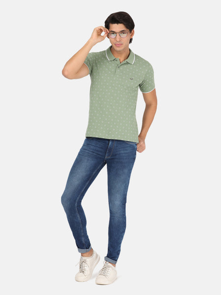 Men Green Printed Polo Collar Slim Fit T-shirt