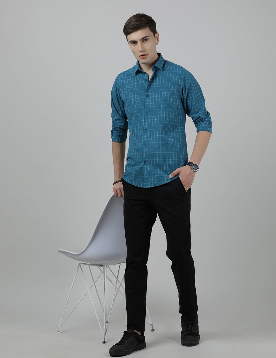 Crocodile Casual Full Sleeve Slim Fit Checked Shirt Teal for Men