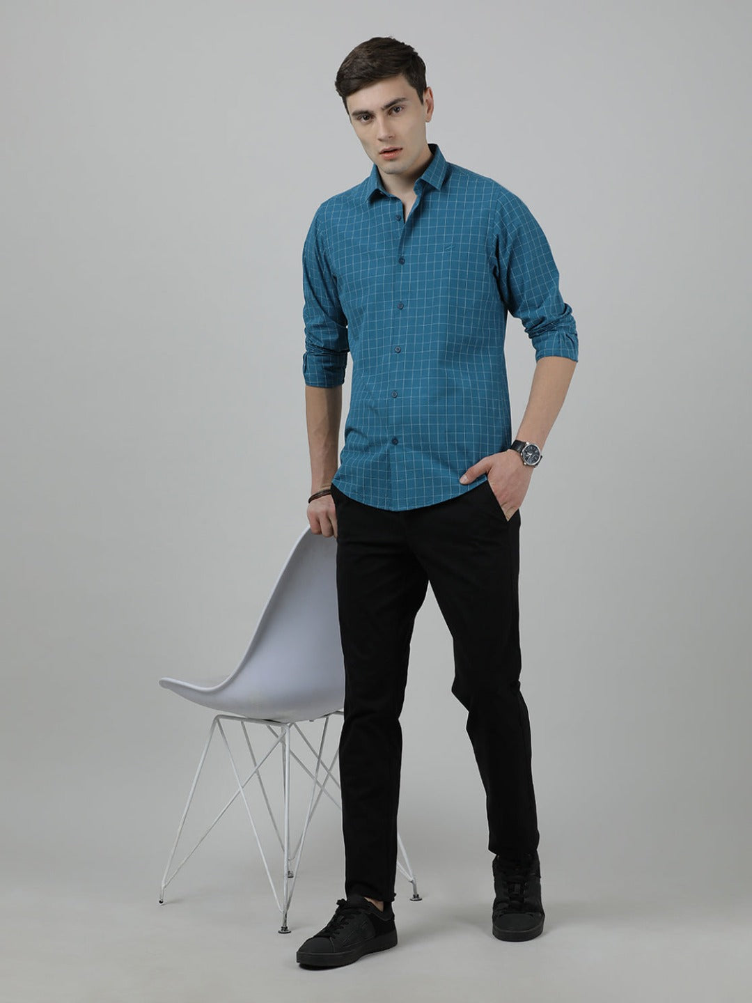 Crocodile Casual Full Sleeve Slim Fit Checked Shirt Teal for Men