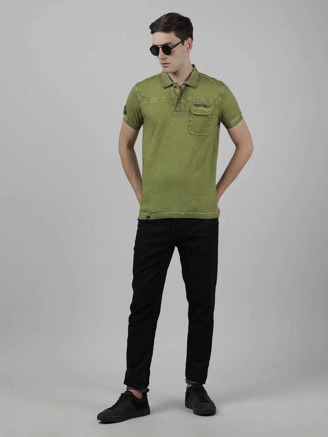 Crocodile Casual Green T-Shirt Half Sleeve Slim Fit with Collar for Men