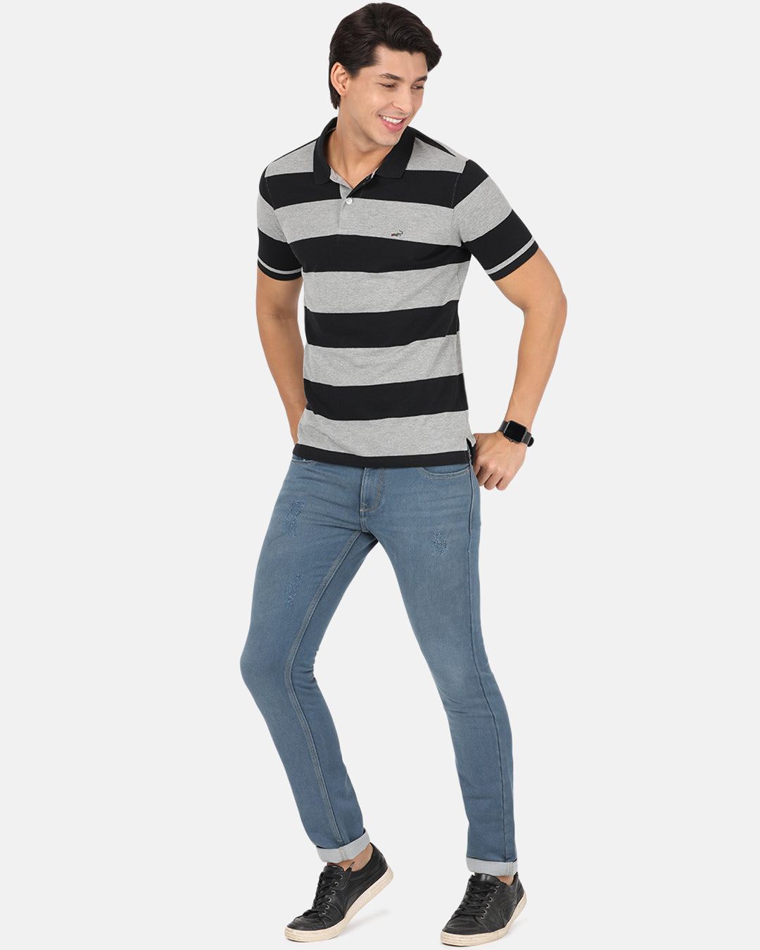 Crocodile Men Black & Grey Striped Polo Collar Slim Fit T-shirt