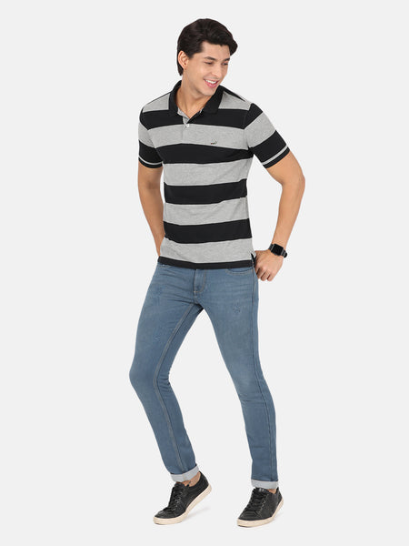 Men Black & Grey Striped Polo Collar Slim Fit T-shirt