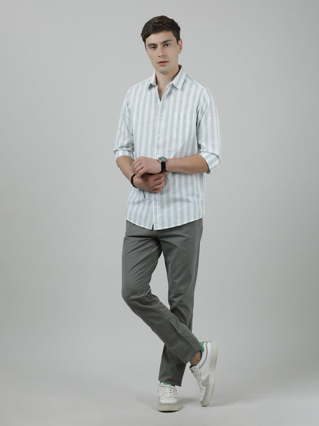 Crocodile Casual Full Sleeve Comfort Fit Stripe Shirt Green for Men