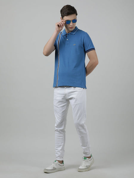 Crocodile Casual Blue Solid Polo T-Shirt Half Sleeve Slim Fit with Collar for Men