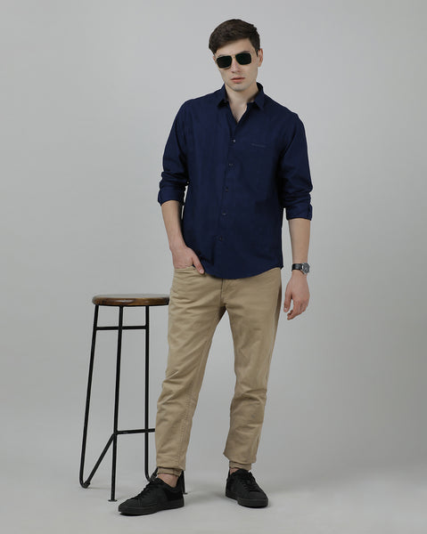 Casual Navy Full Sleeve Comfort Fit Solid Shirt with Collar for Men
