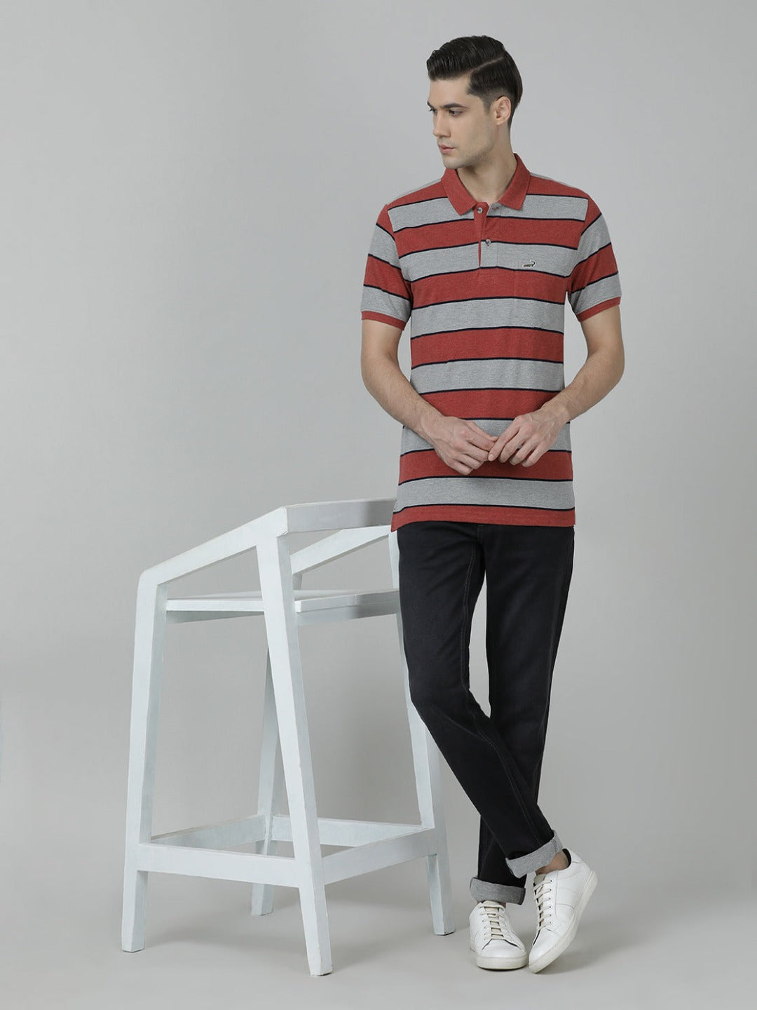 Casual Stripes Slim Fit Red Half Sleeve Polo T-shirt with Collar