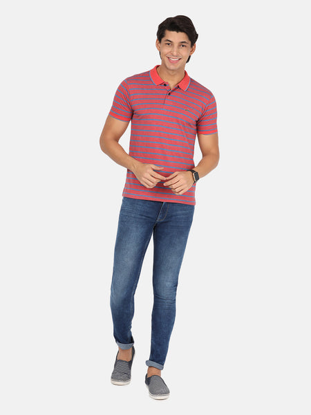 Men Pink & Blue Striped Polo Collar Pockets Slim Fit T-shirt