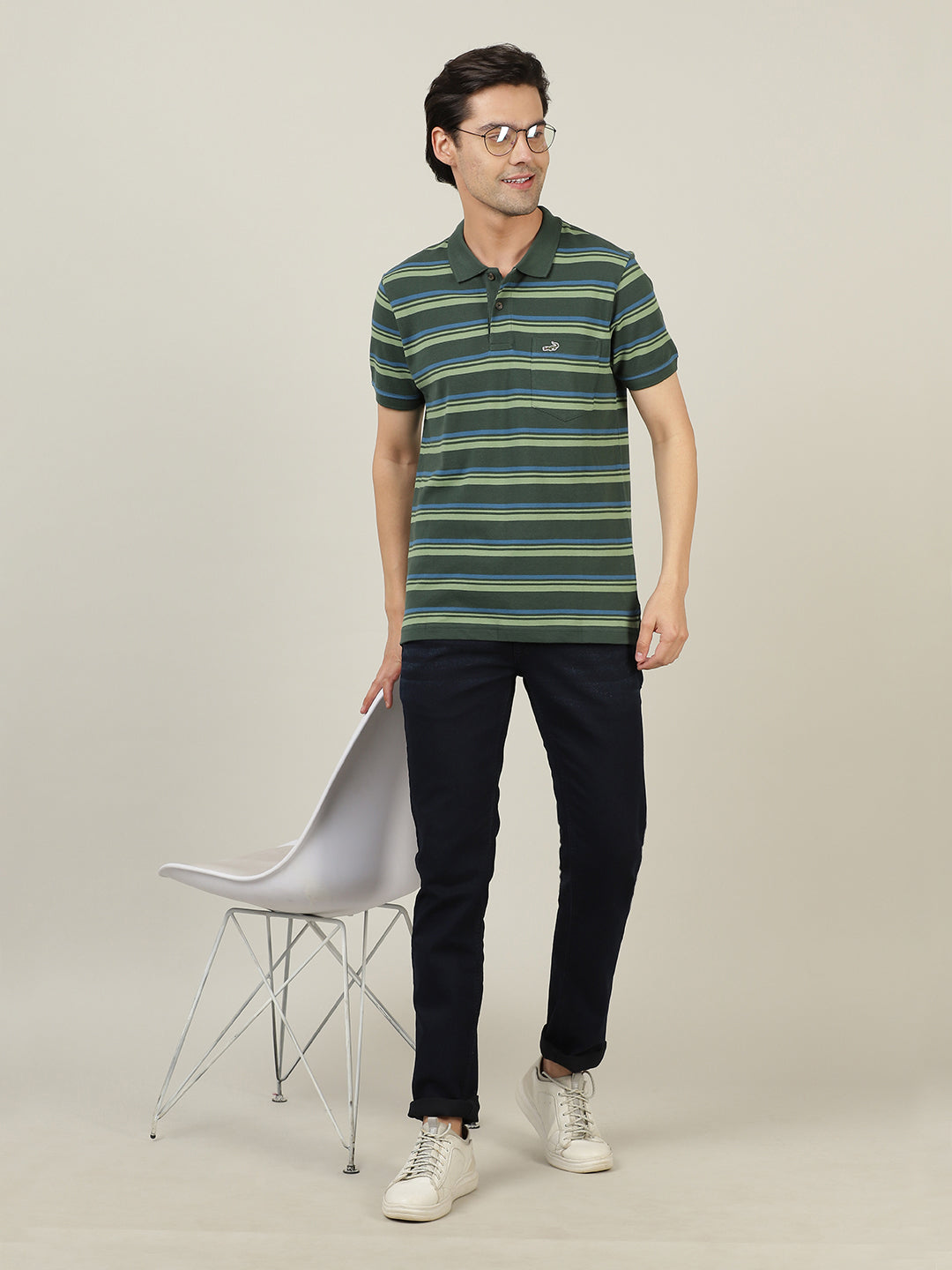 Crocodile Men Dark Green Stripe Polo T-Shirt