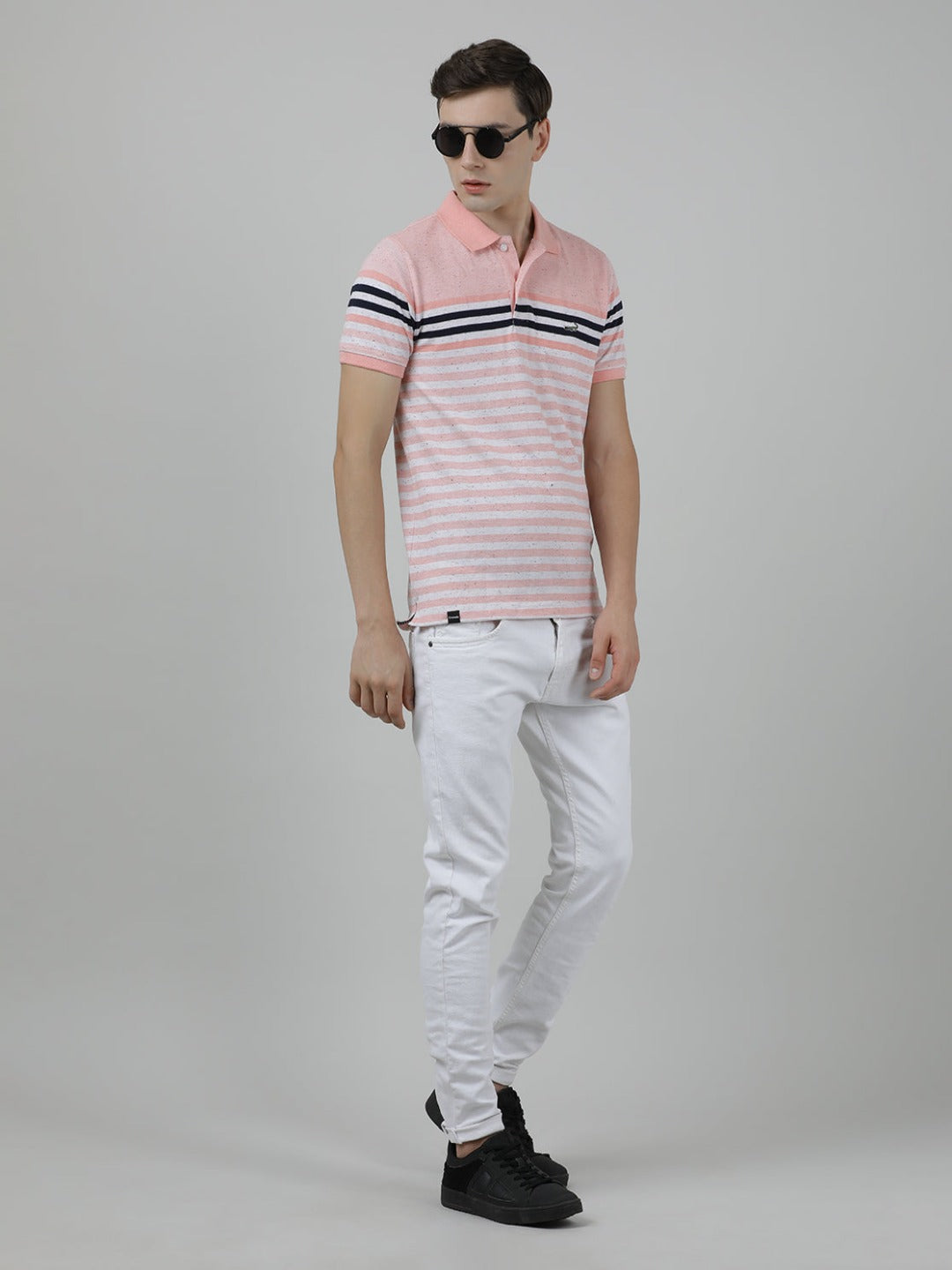Crocodile Casual Orange T-Shirt Engineering Stripes Half Sleeve Slim Fit with Collar for Men