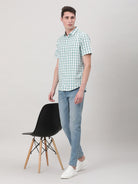 Crocodile Casual Aqua Blue Half Sleeve Comfort Fit Checks Shirt with Collar for Men