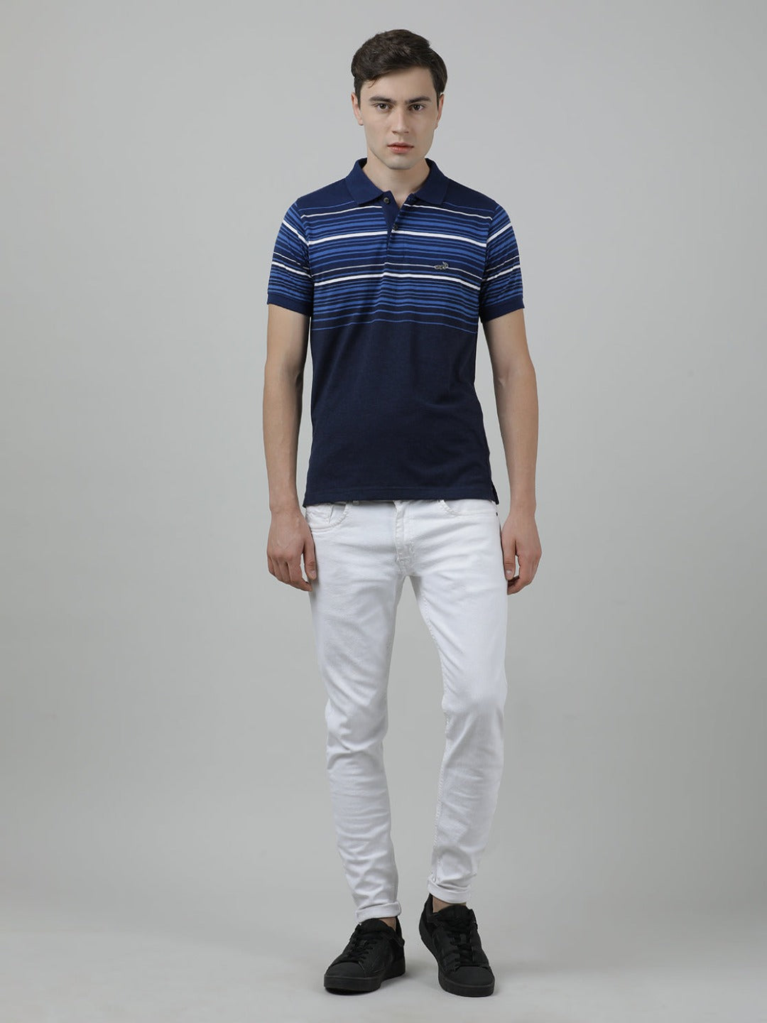 Crocodile Men's Casual Blue T-Shirt Half Sleeve Slim Fit Jersey Engineering Stripe with Collar