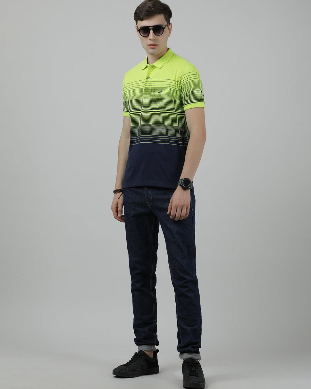 Crocodile Casual Blue T-Shirt Half Sleeve Slim Fit Jersey Engineering Stripe with Collar for Men