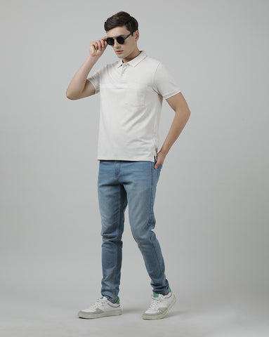 Casual Beige Solid Polo Melange Printed T-Shirt Half Sleeve Slim Fit with Collar for Men
