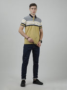 Crocodile Casual Light Khaki T-Shirt Engineering Stripes Half Sleeve Slim Fit with Collar for Men