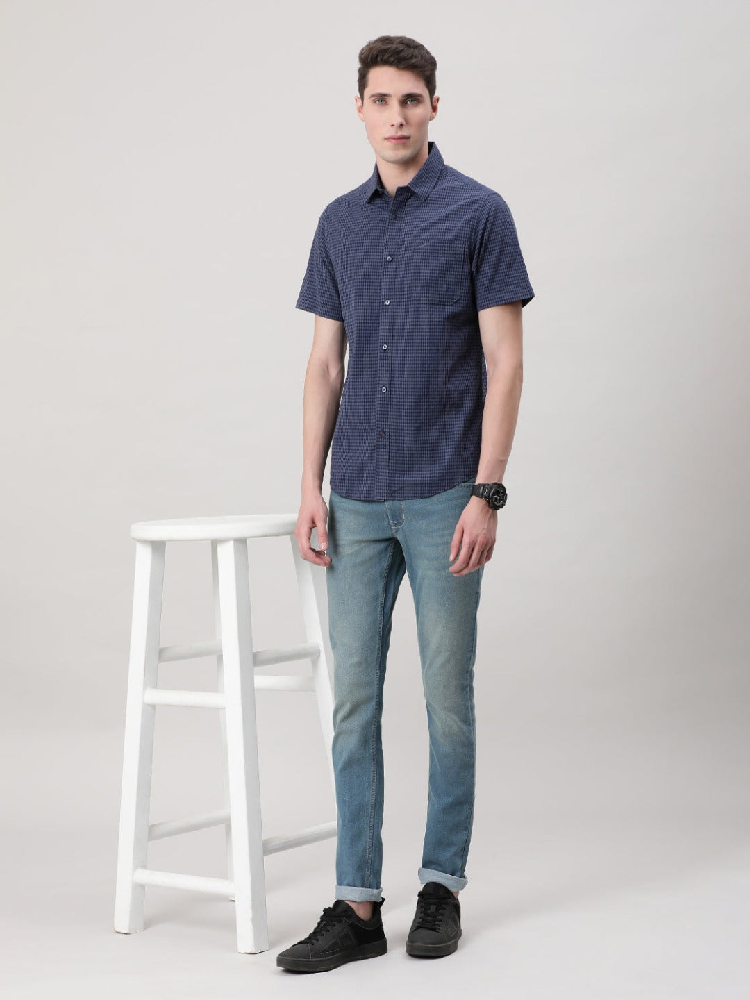 Crocodile Casual Navy Half Sleeve Comfort Fit Checks Shirt with Collar for Men