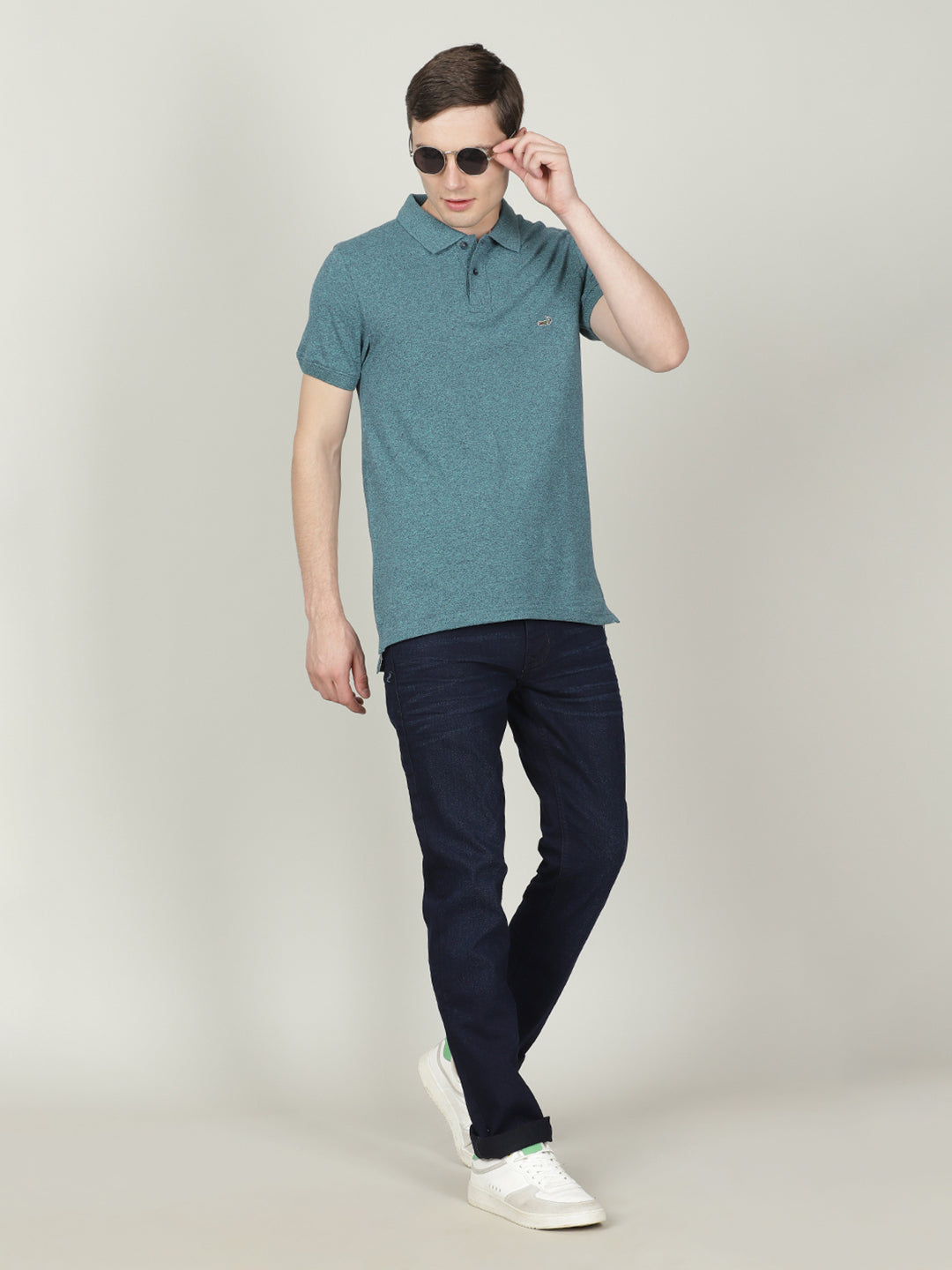 Crocodile Casual Slim Fit Solid Polo Neck Half Sleeve Teal Tshirt