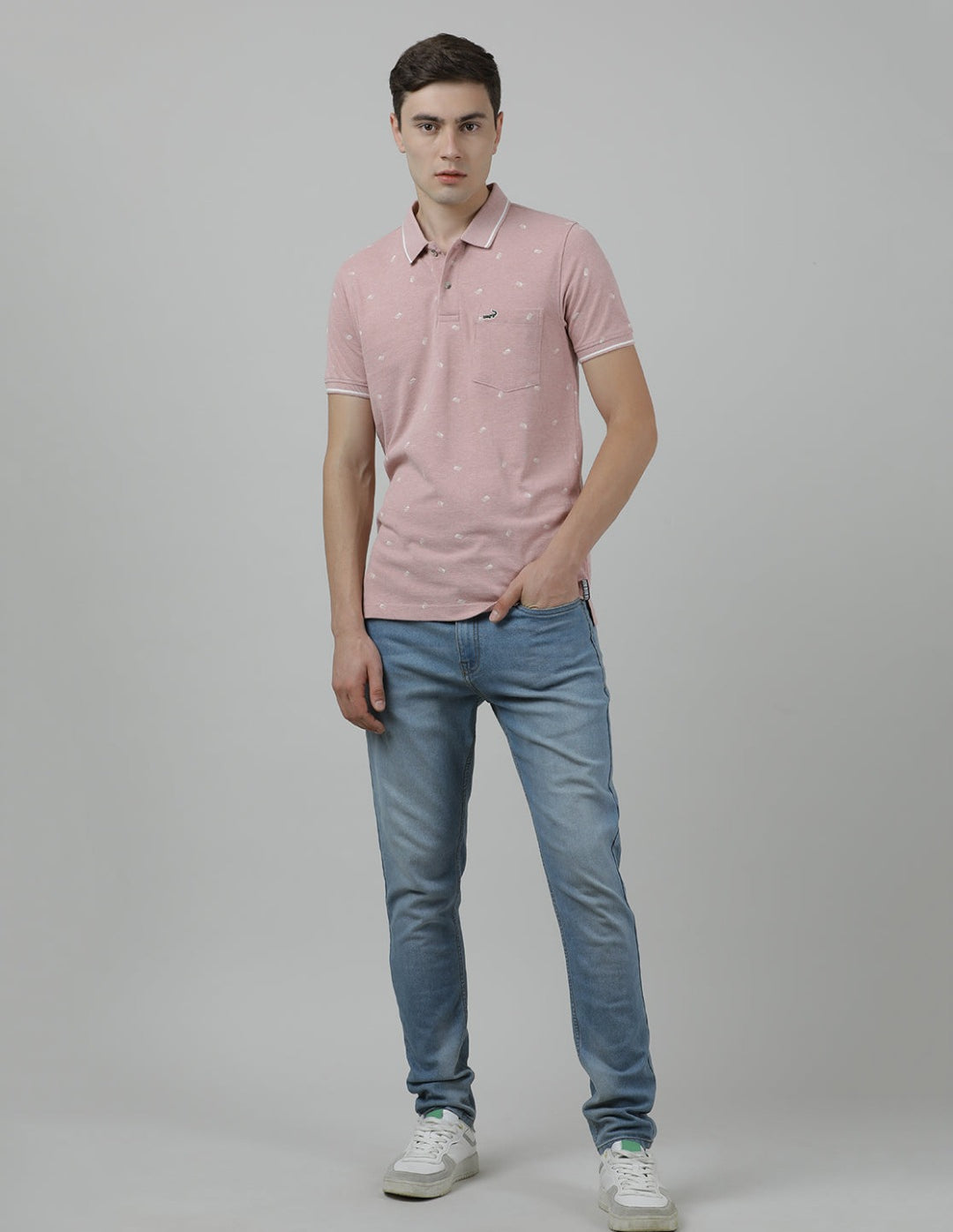 Crocodile Casual Pink Printed T-Shirt Half Sleeve Slim Fit Melange with Collar for Men