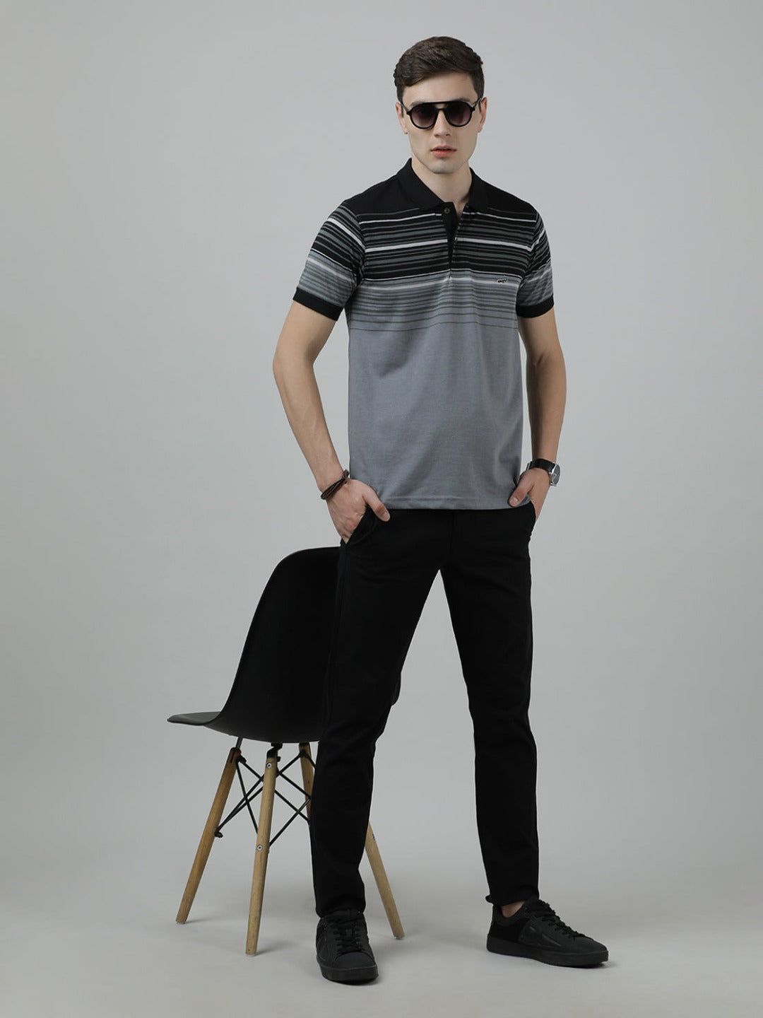 Crocodile Casual Black T-Shirt Half Sleeve Slim Fit Jersey Engineering Stripe with Collar for Men